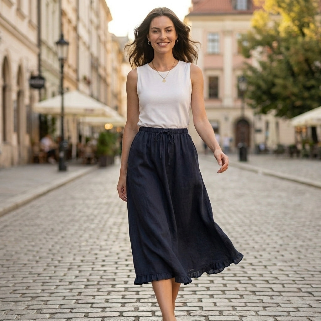 Relaxed Drawstring Maxi Skirt with Soft Ruffle Hem and Flowing Drape