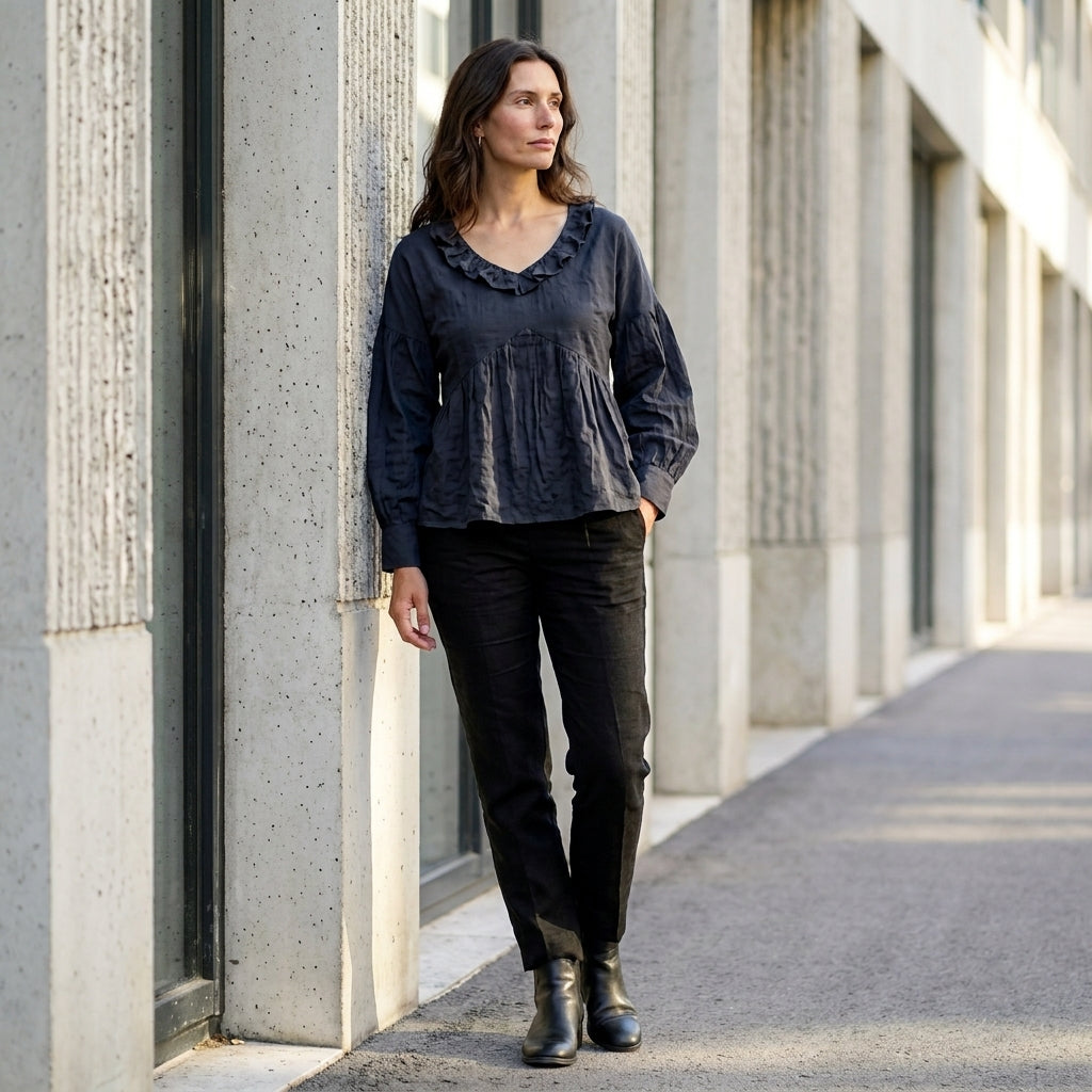 Relaxed Ruffle Trim V-Neck Peasant Blouse