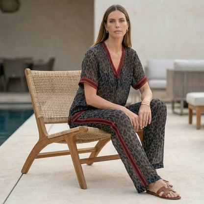 Leopard Print Chiffon Lounge Set with Relaxed Wide-Leg Silhouette