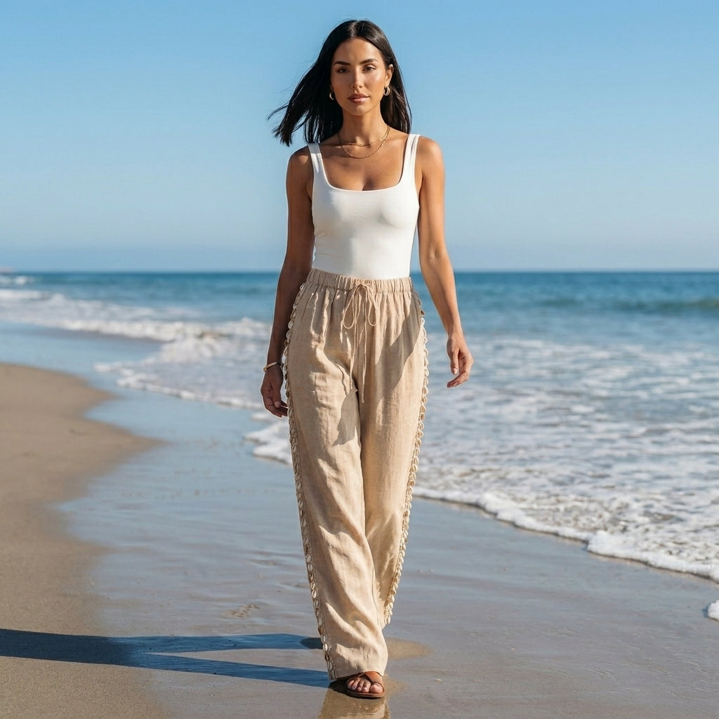 Flowing Wide-Leg Pants with Drawstring Waist and Seashell Detailing