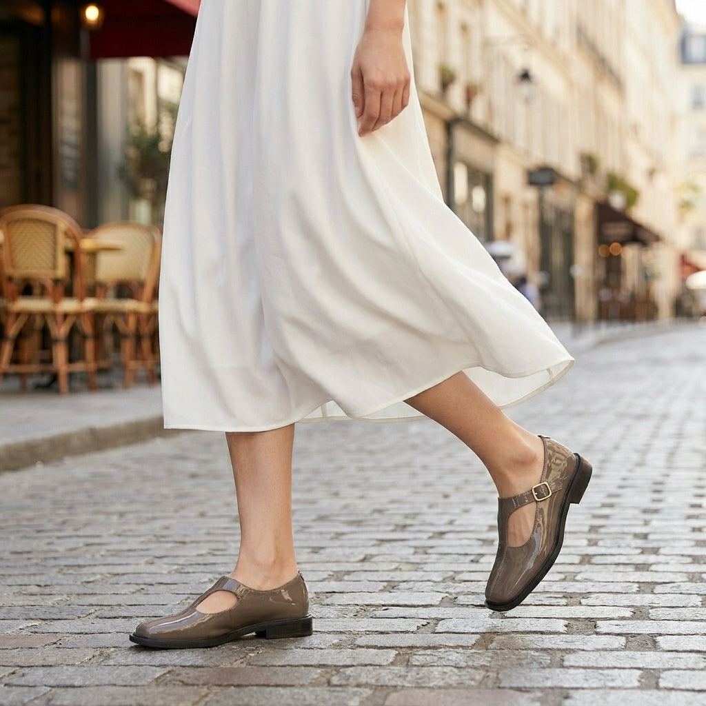 Square-Toe Flat Loafers with Hollow T-Strap and Buckle Closure