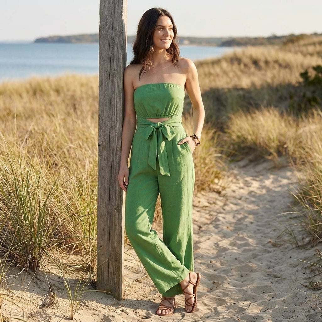 Strapless Wide-Leg Jumpsuit with Waist Tie