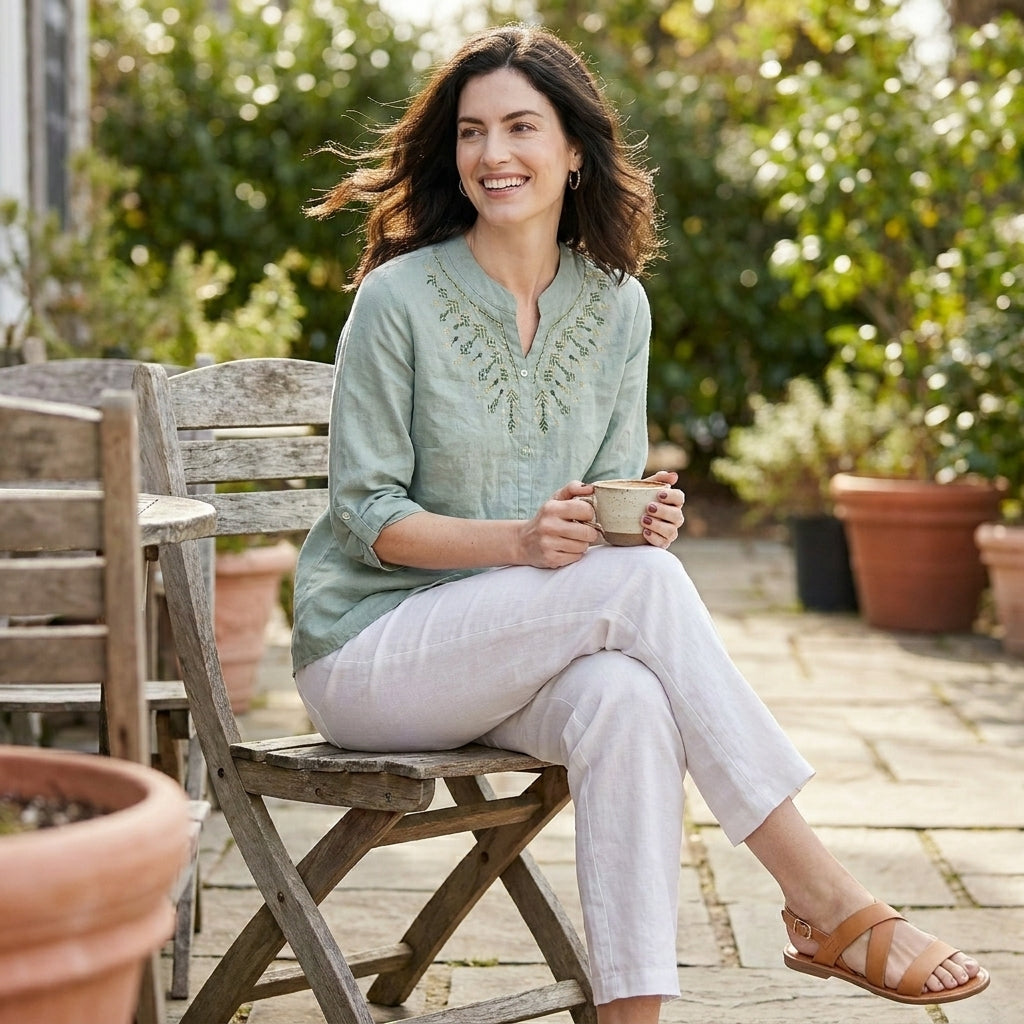 Embroidered Notch Neck Relaxed Everyday Blouse