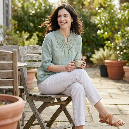Embroidered Notch Neck Relaxed Everyday Blouse