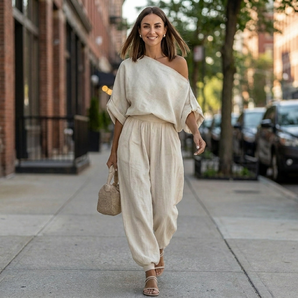 Draped One-Shoulder Top with Voluminous Lantern Pants Set for Resort Chic