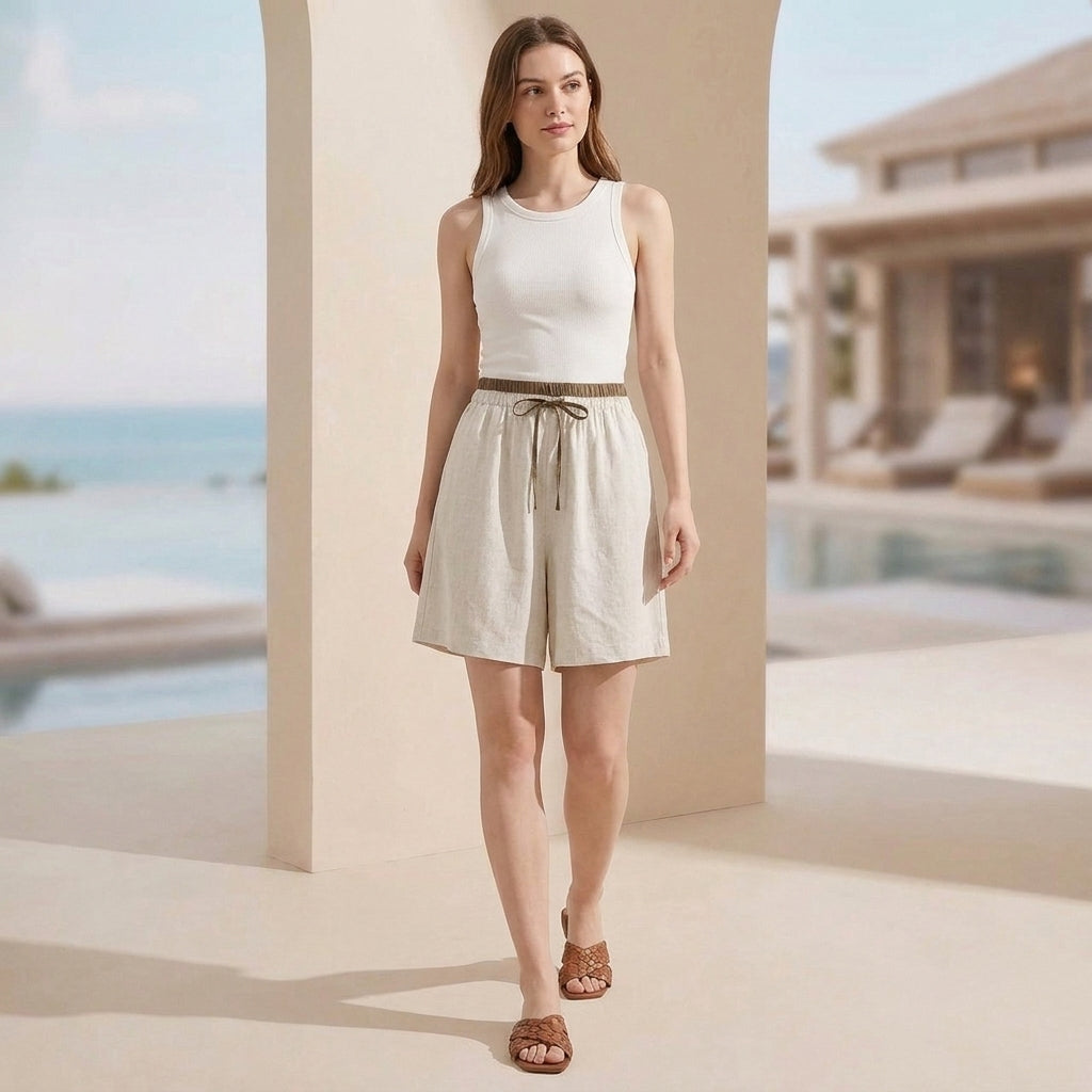 Relaxed Wide-Leg Shorts with Contrasting Waistband and Drawstring Closure