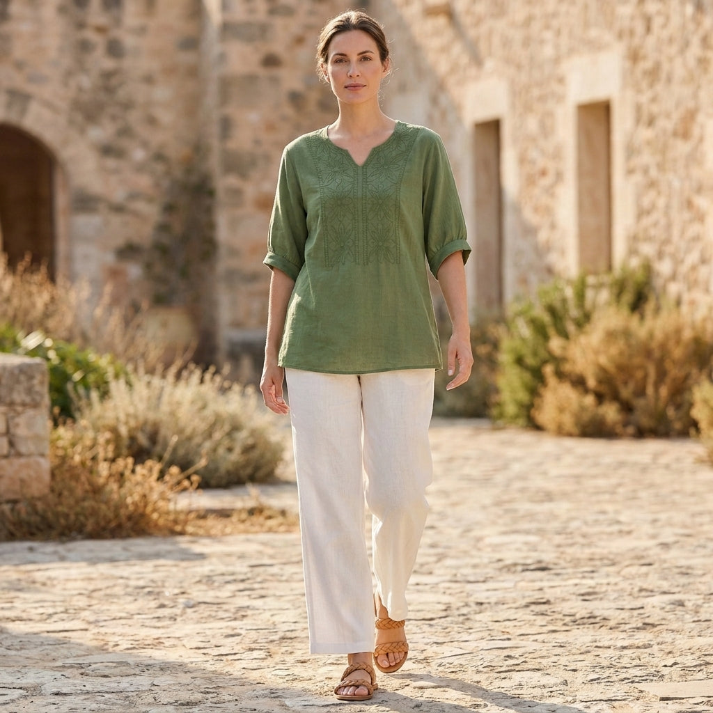 Relaxed Woven Blouse with Notched V-Neckline and Floral Embroidery