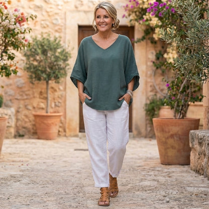 Oversized V-Neck Batwing Top with Textured Lightweight Weave