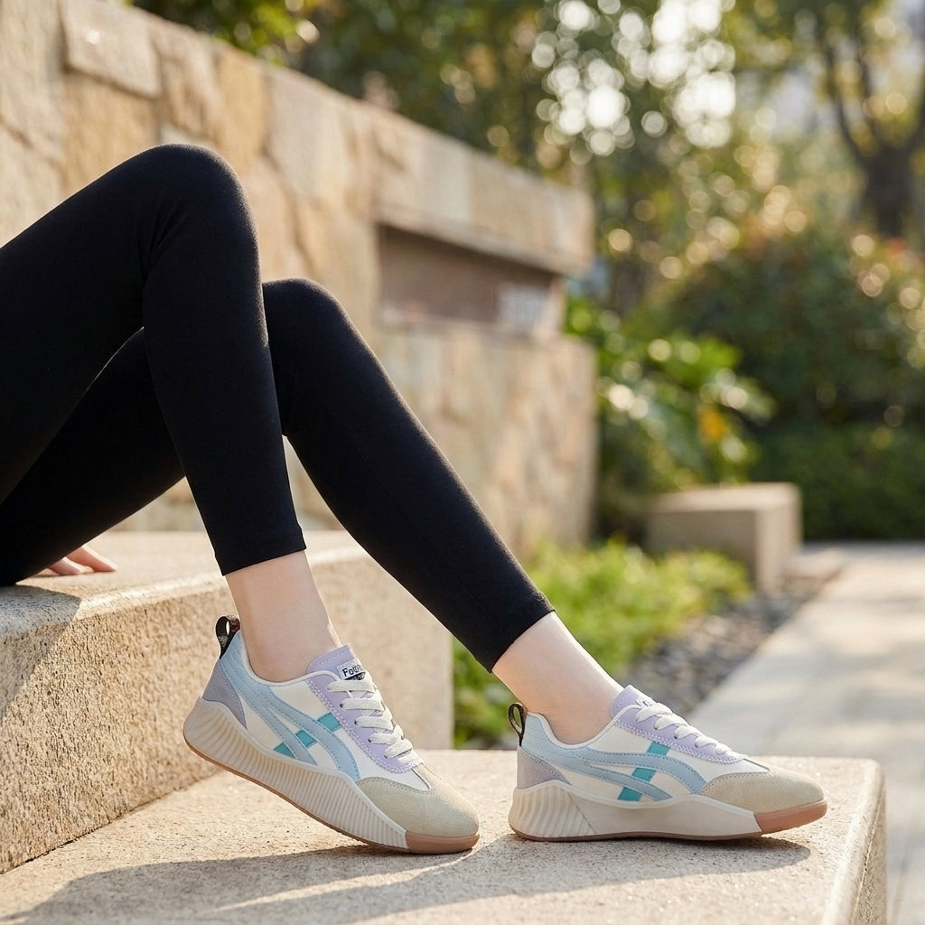 Low-Top Women's Sneakers with Sueded Overlays and Chunky Ribbed Sole