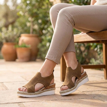 Breathable Perforated Knit Slingback Wedge Sandals with Textured Midsole