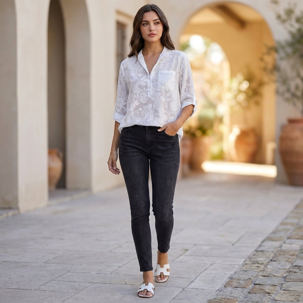 Relaxed Floral Burnout Blouse with Adjustable Roll-Tab Sleeves