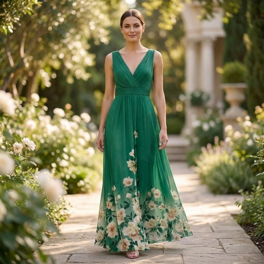 Elegant Flowing Chiffon Maxi Gown with Draped V-Neck and Floral Detail