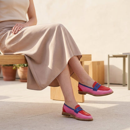 Structured Color-Blocked Penny Loafers with Low Block Heel for Women