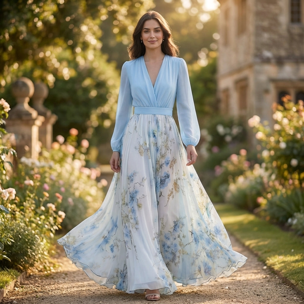 Chiffon Floral Maxi Dress with Flowing Sleeves and Belted Waist