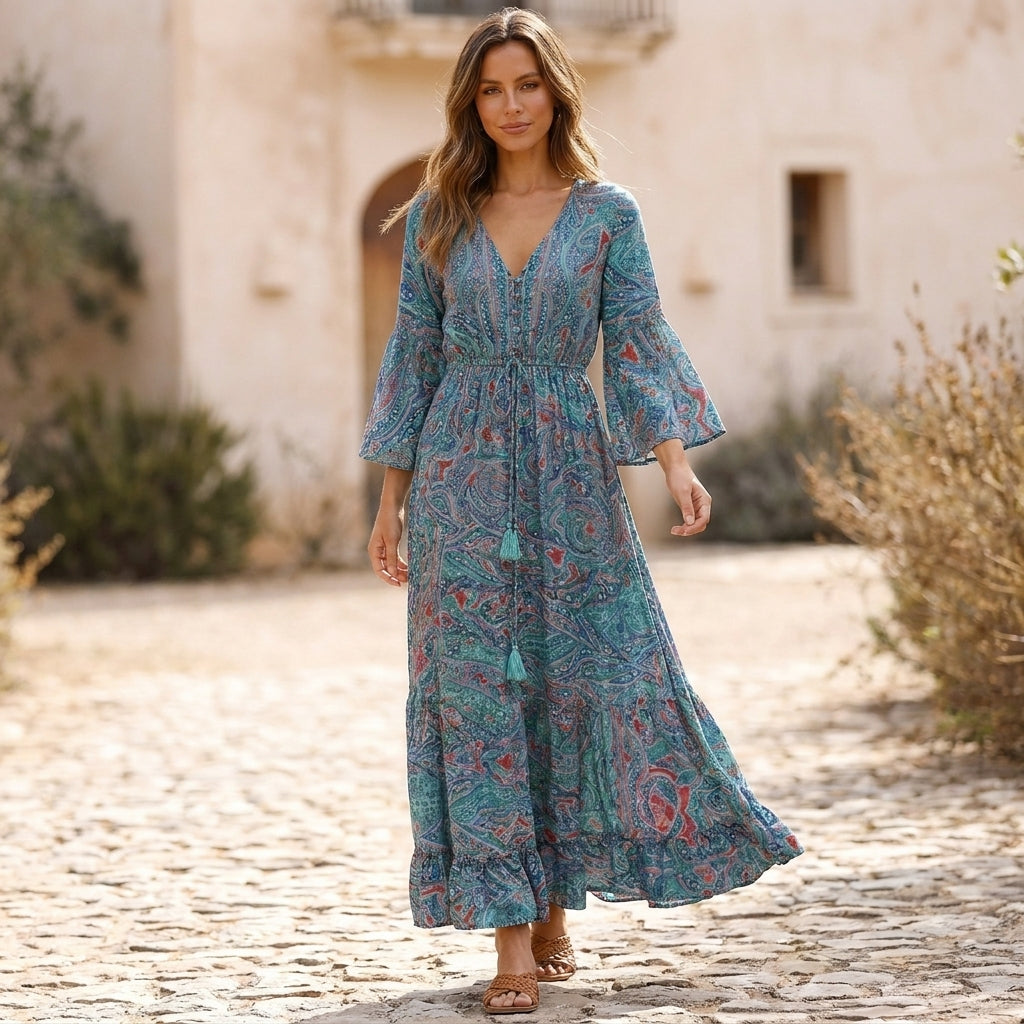 Flowing Bohemian Maxi Dress with Tiered Ruffles and Trumpet Sleeves