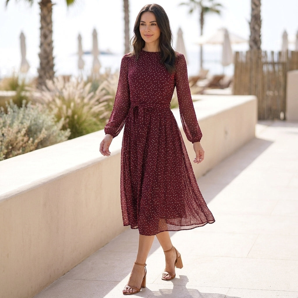 Polka Dot A-Line Midi Dress with Tie-Waist and Sheer Sleeves