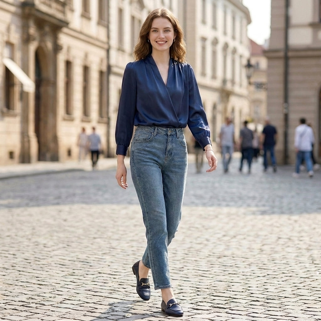 Tailored V-Neck Puff Sleeve Blouse with Pleated Shoulders