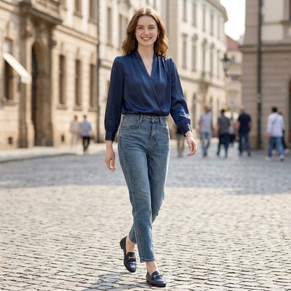 Tailored V-Neck Puff Sleeve Blouse with Pleated Shoulders