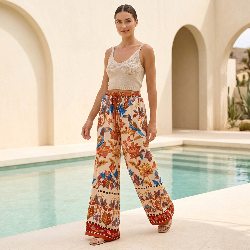 Bohemian-Inspired Flowing Wide-Leg Pants with High Waist and Border Detail