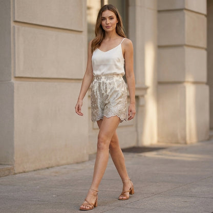 Relaxed Lace-Embroidered Floral Shorts with Scalloped Hem