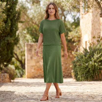 Flowing Midi Dress and Cropped Open-Knit Mesh Top Set