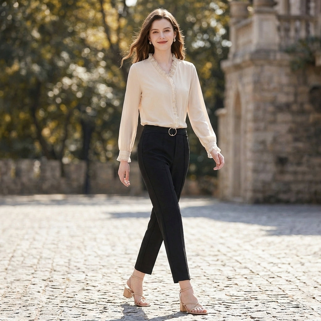 Elegant Long Sleeve Sheer Chiffon Blouse with Ruffled V-Neckline