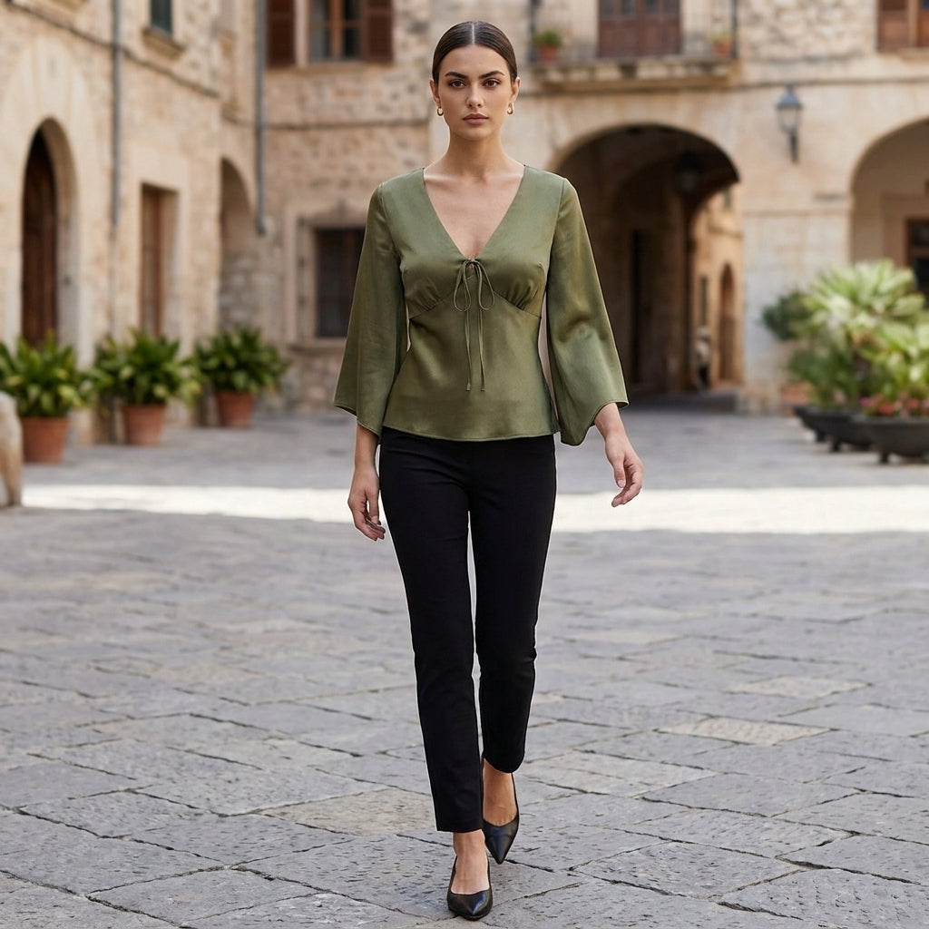 Women's Tailored Tie-Front Blouse with Empire Waist and Flared Sleeves