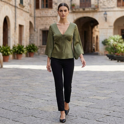 Women's Tailored Tie-Front Blouse with Empire Waist and Flared Sleeves