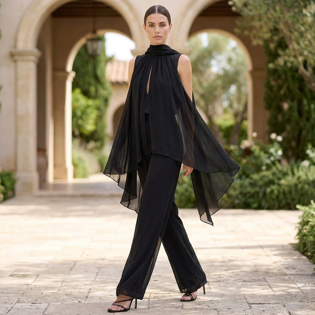 Flowing Chiffon Halter Top and Pants Set with Pleated High-Neck and Tiered Hem