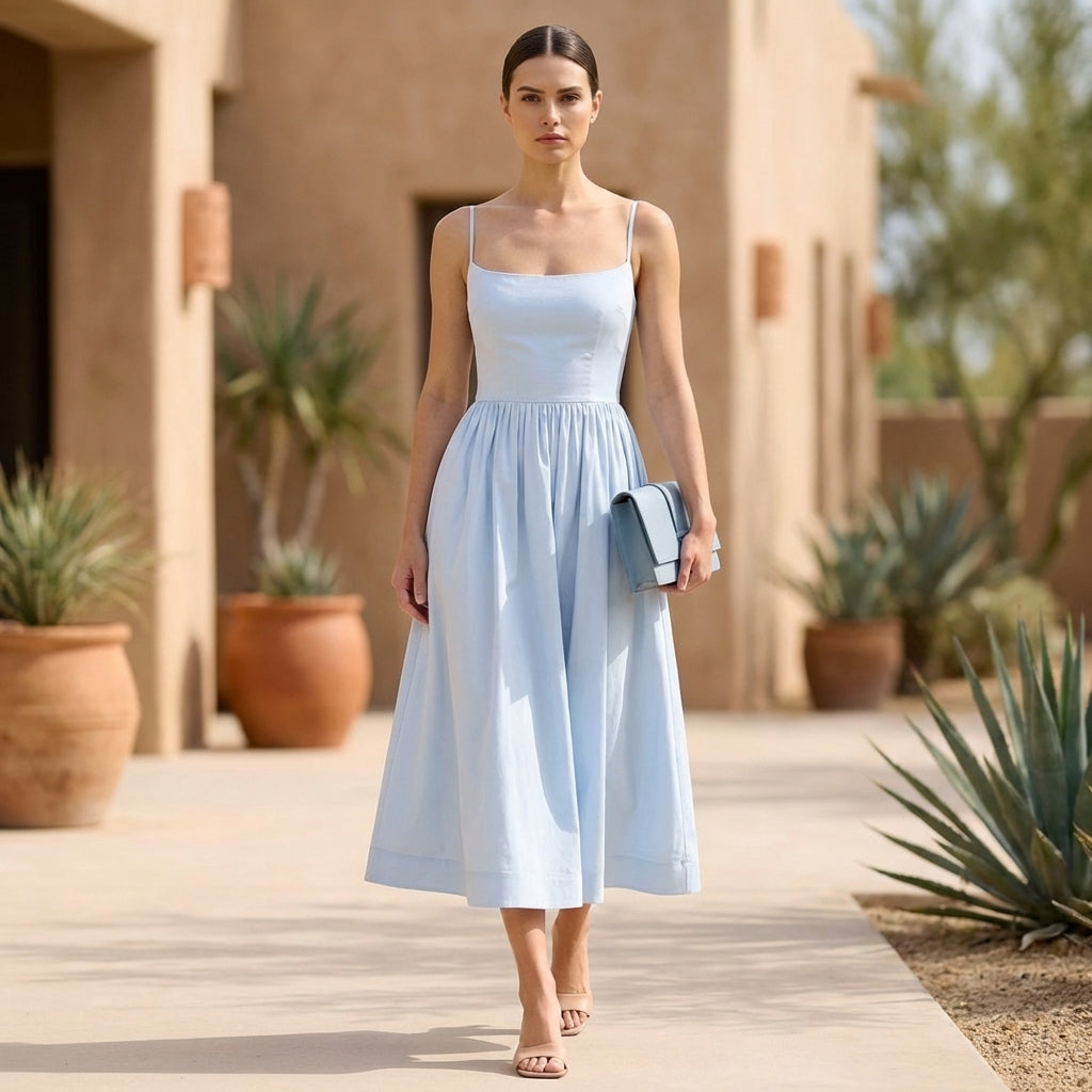 Anna Fitted Bodice A-Line Midi Dress with Spaghetti Straps