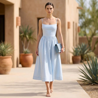 Anna Fitted Bodice A-Line Midi Dress with Spaghetti Straps