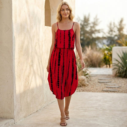 Relaxed Spaghetti Strap Midi Dress with Layered Bodice and High Slit