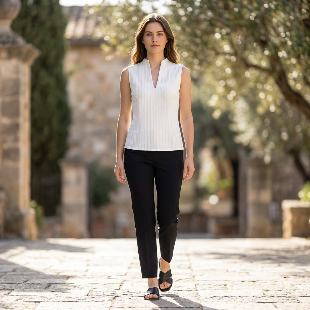 Slim-Fit Sleeveless Top with Textured Pleats and Split V-Neck Collar