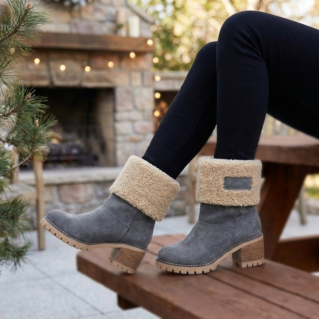 Mid-Calf Fur-Lined Boots with Lug Sole and Block Heel