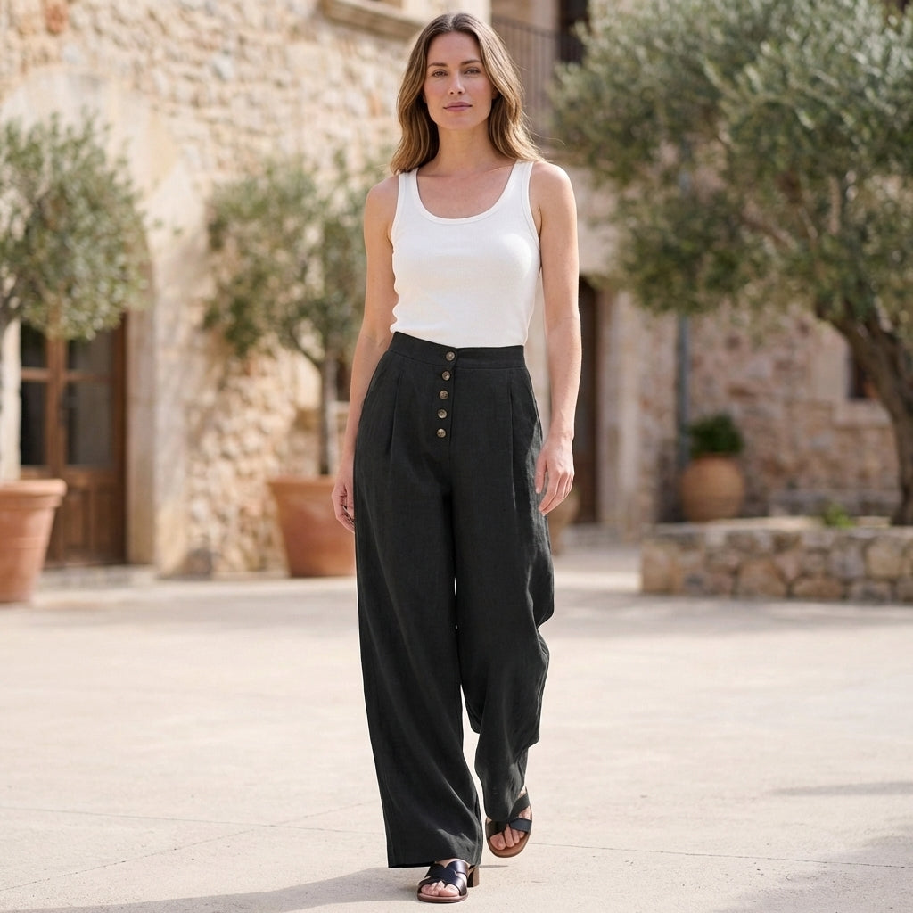 High-Waisted Wide-Leg Pants with Exposed Button Fly and Pleats