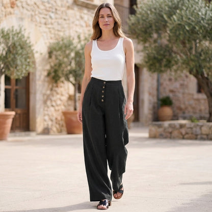 High-Waisted Wide-Leg Pants with Exposed Button Fly and Pleats