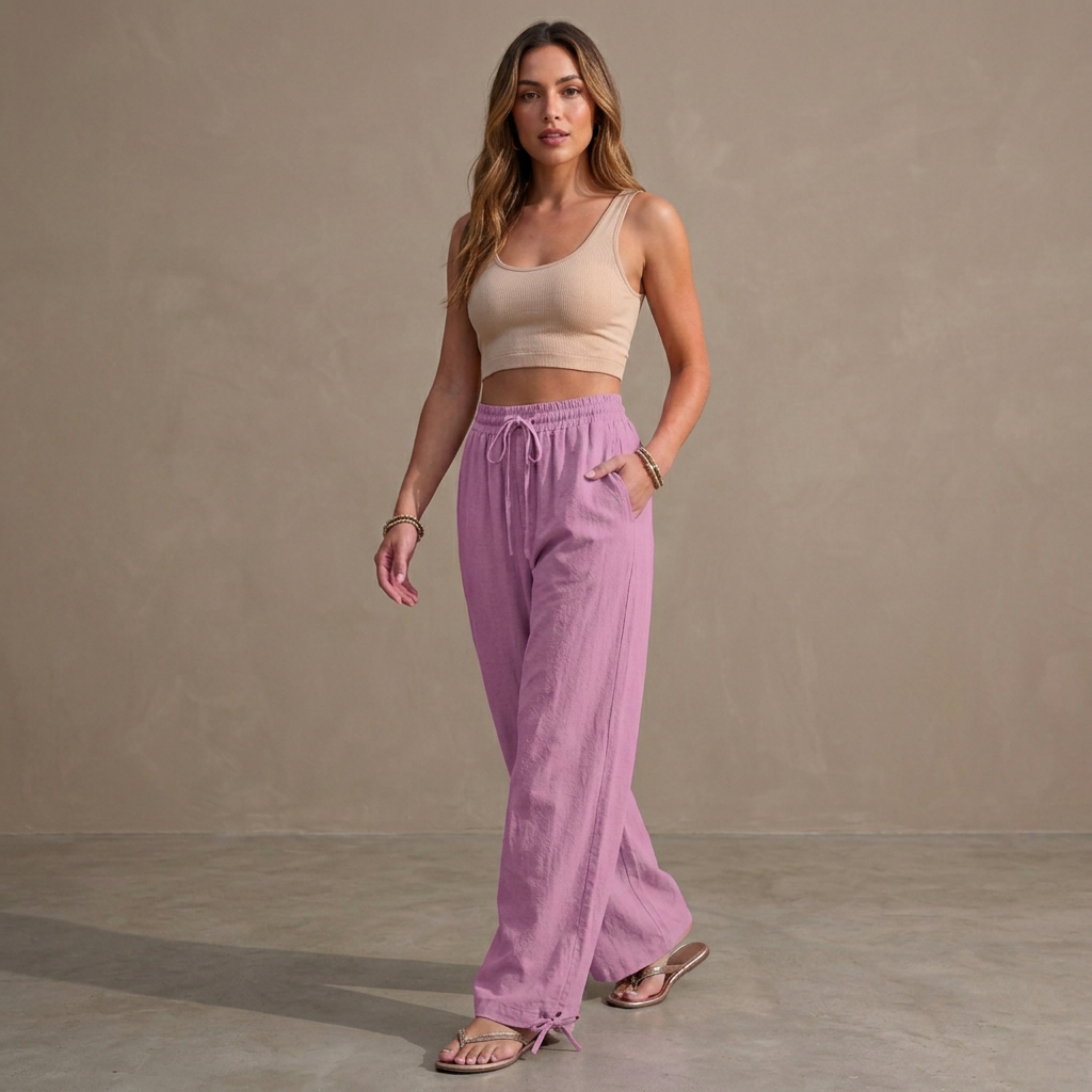 Relaxed Wide-Leg Trousers with Drawstring and Ankle Tie Detail