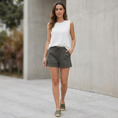 Relaxed Woven Drawstring Shorts with Rolled Hem and Pockets