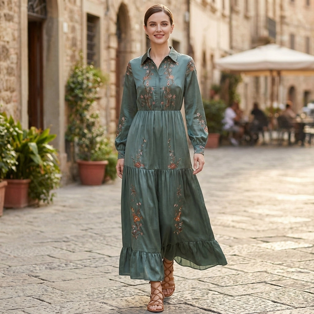 Bohemian Embroidered Sheer Sleeve Maxi Dress with Tiered Ruffles
