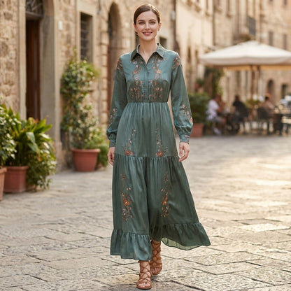 Bohemian Embroidered Sheer Sleeve Maxi Dress with Tiered Ruffles