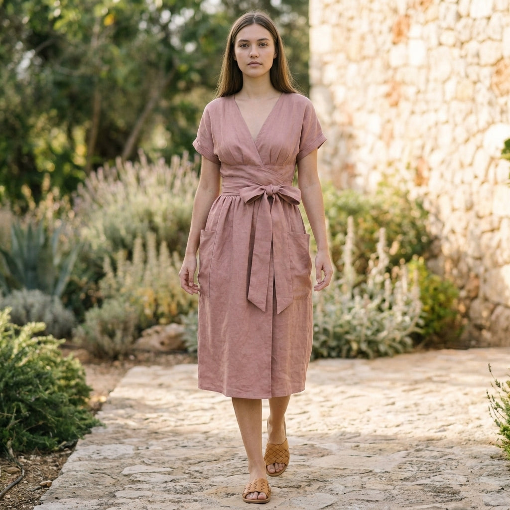 Relaxed Wrap-Front Midi Dress with Tie Waist and Patch Pockets
