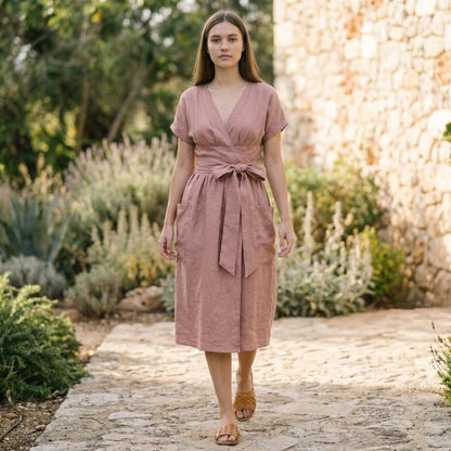 Relaxed Wrap-Front Midi Dress with Tie Waist and Patch Pockets
