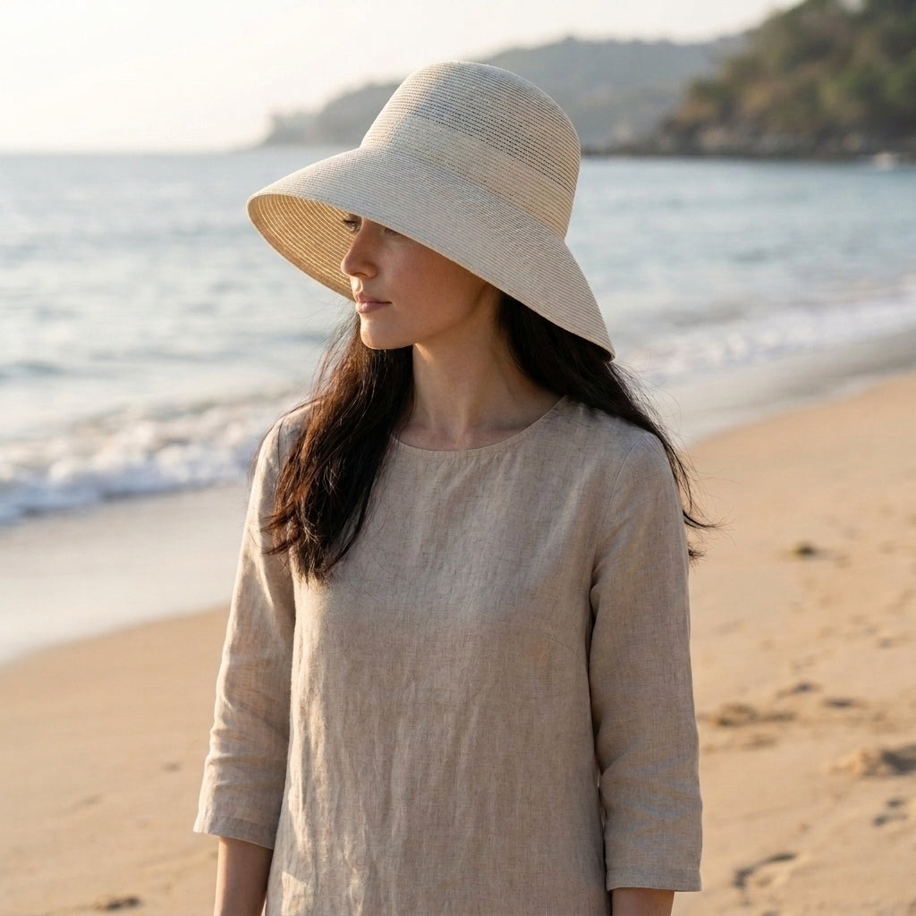 Structured Wide-Brimmed Bucket Hat with Deep Crown and Woven Texture