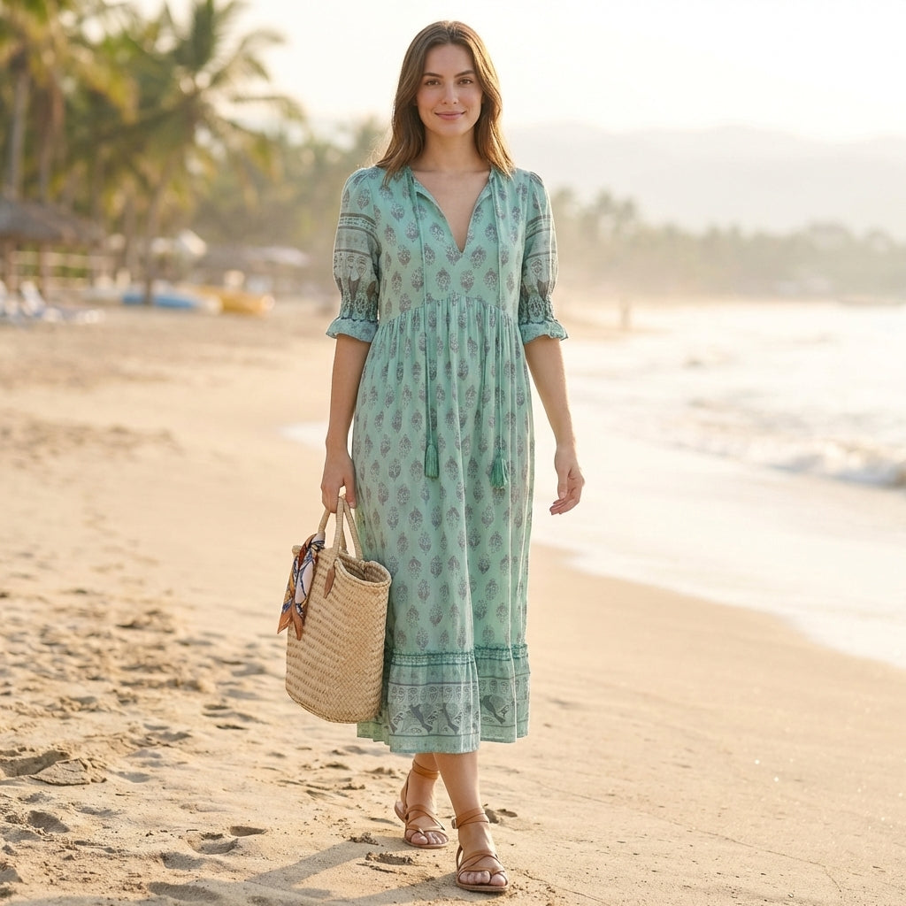 Bohemian V-Neck Maxi Dress with Lantern Sleeves and Tiered Skirt
