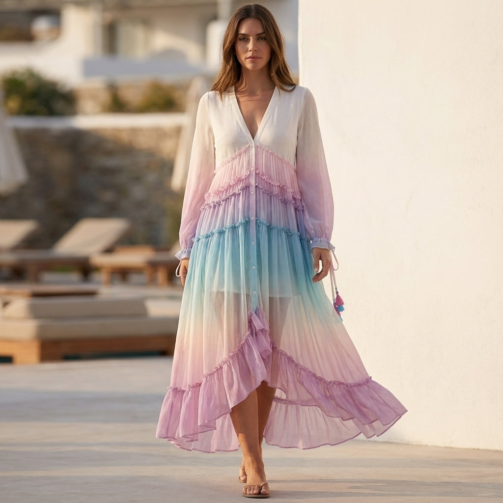 Bohemian Tiered Maxi Dress with Plunging Neckline and Ruffled Hem