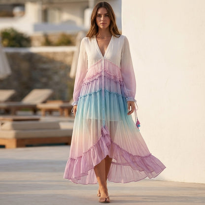 Bohemian Tiered Maxi Dress with Plunging Neckline and Ruffled Hem