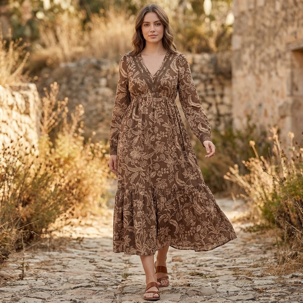 Flowing V-Neck Maxi Dress with Lace Trim and Tiered Skirt