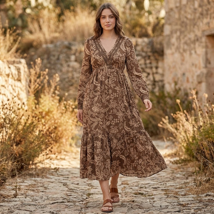 Flowing V-Neck Maxi Dress with Lace Trim and Tiered Skirt
