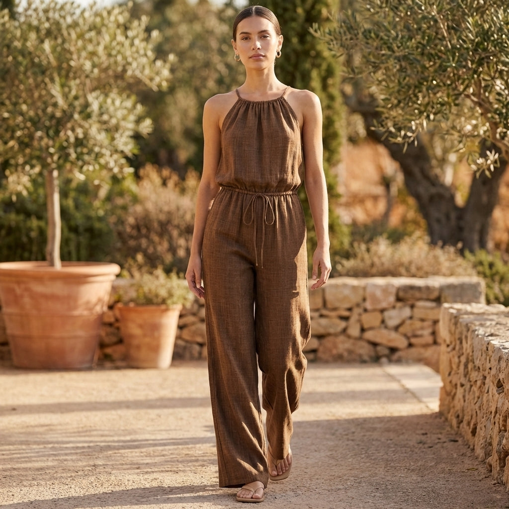 Woven Wide-Leg Drawstring Jumpsuit with Gathered High Neckline