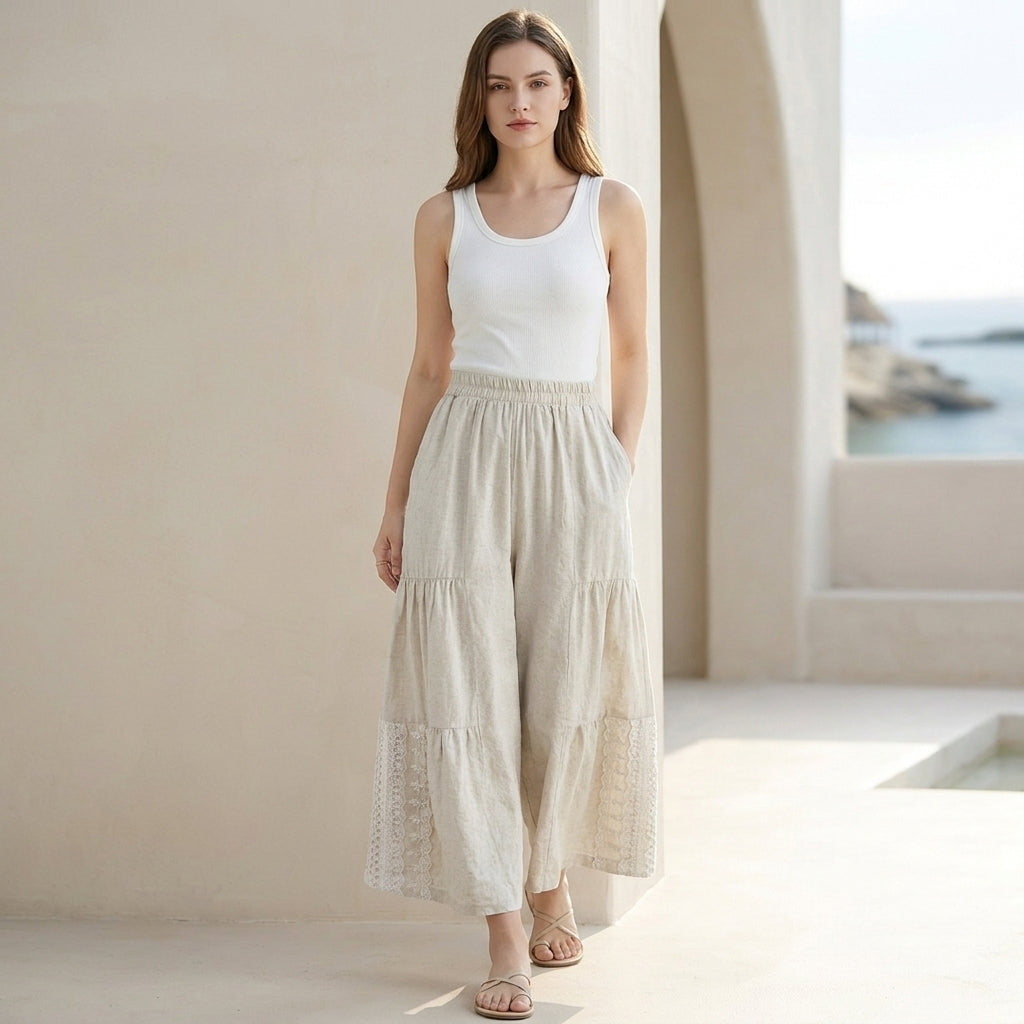 Women's Tiered Wide-Leg Cropped Pants with Lace Insets and Pockets